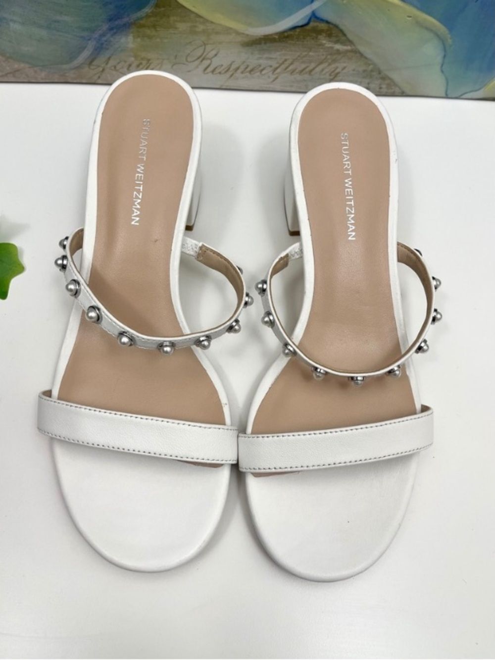 New Stuart Weitzman Pearly Strap Block Slide 50 Sandal in White Size 8 - Picture 4 of 12